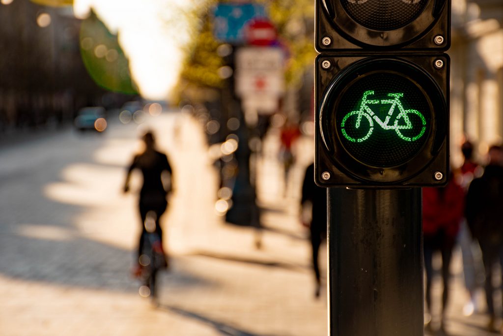  Bicycle traffic signal, green light, road bike, free bike zone or area, bike sharing with silhouette of cyclist and bike