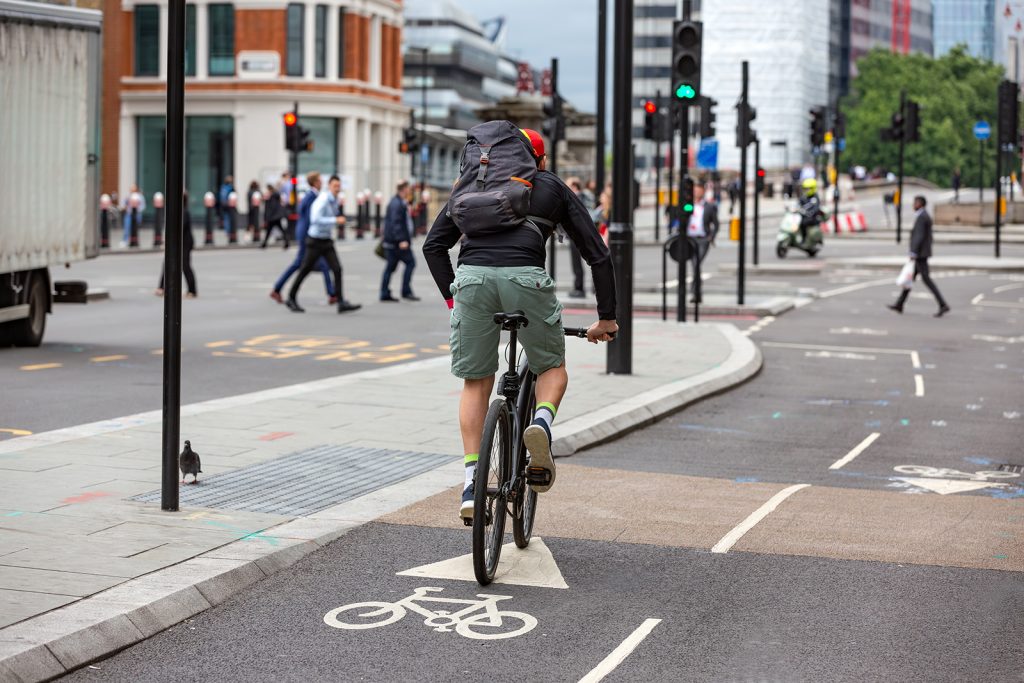 Sporty cyclist on a separate cycle path in London