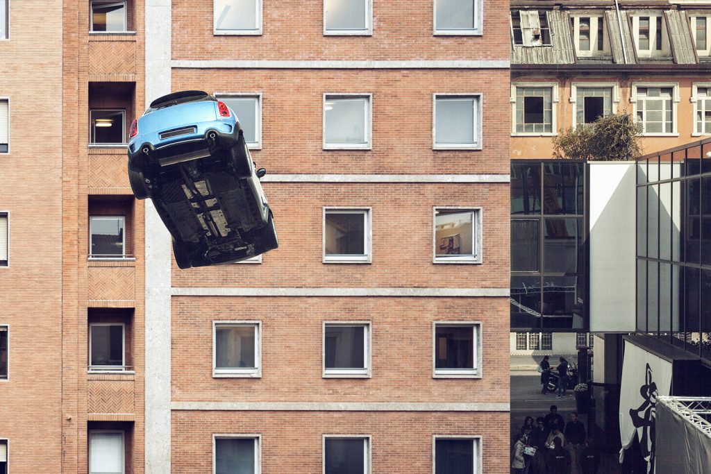 A flying car in a city