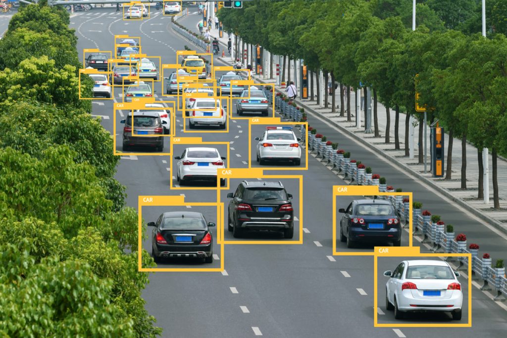 Machine learning analytics identify vehicles technology , Artificial intelligence concept. Software ui analytics and recognition cars vehicles in city.